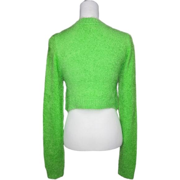 Show Me your MuMu Cropped Varsity Sweater Bright Green Fuzzy Size XS - Picture 4 of 7